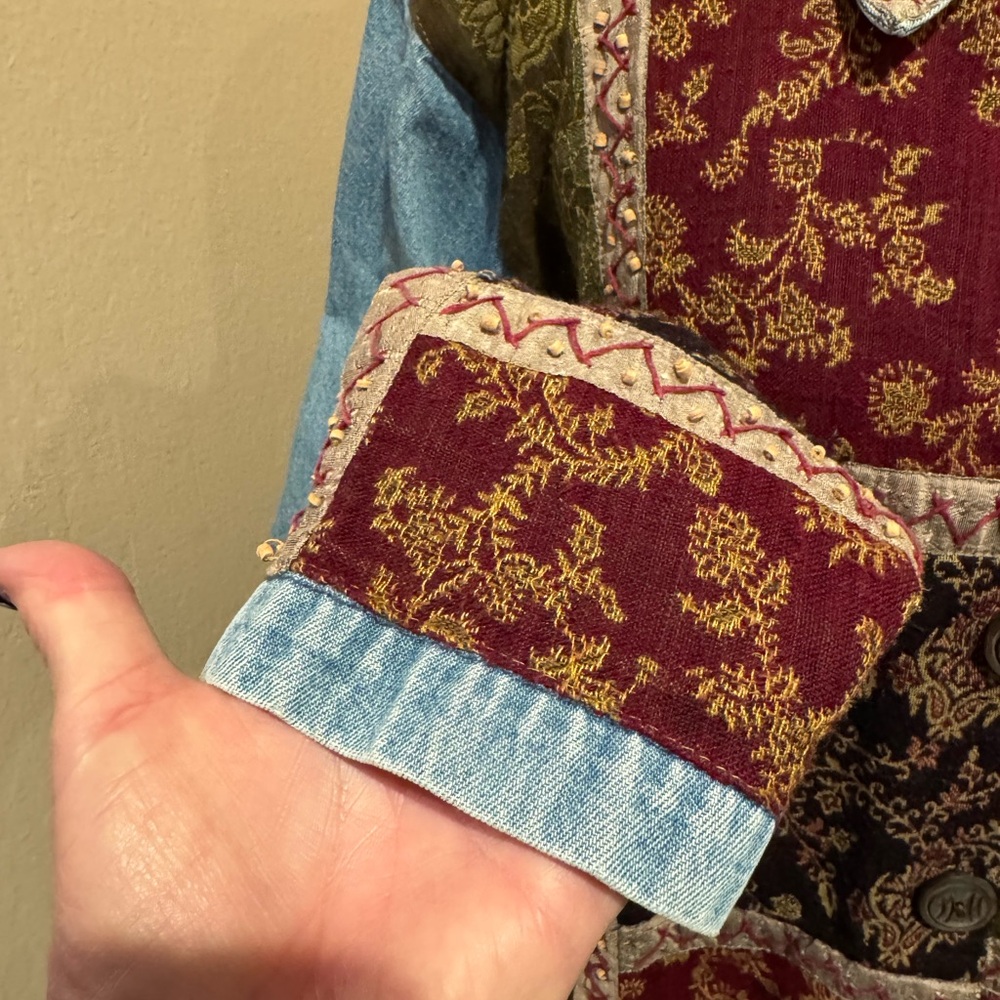 Vintage Units Patchwork Jean Jacket with Burgundy… - image 4